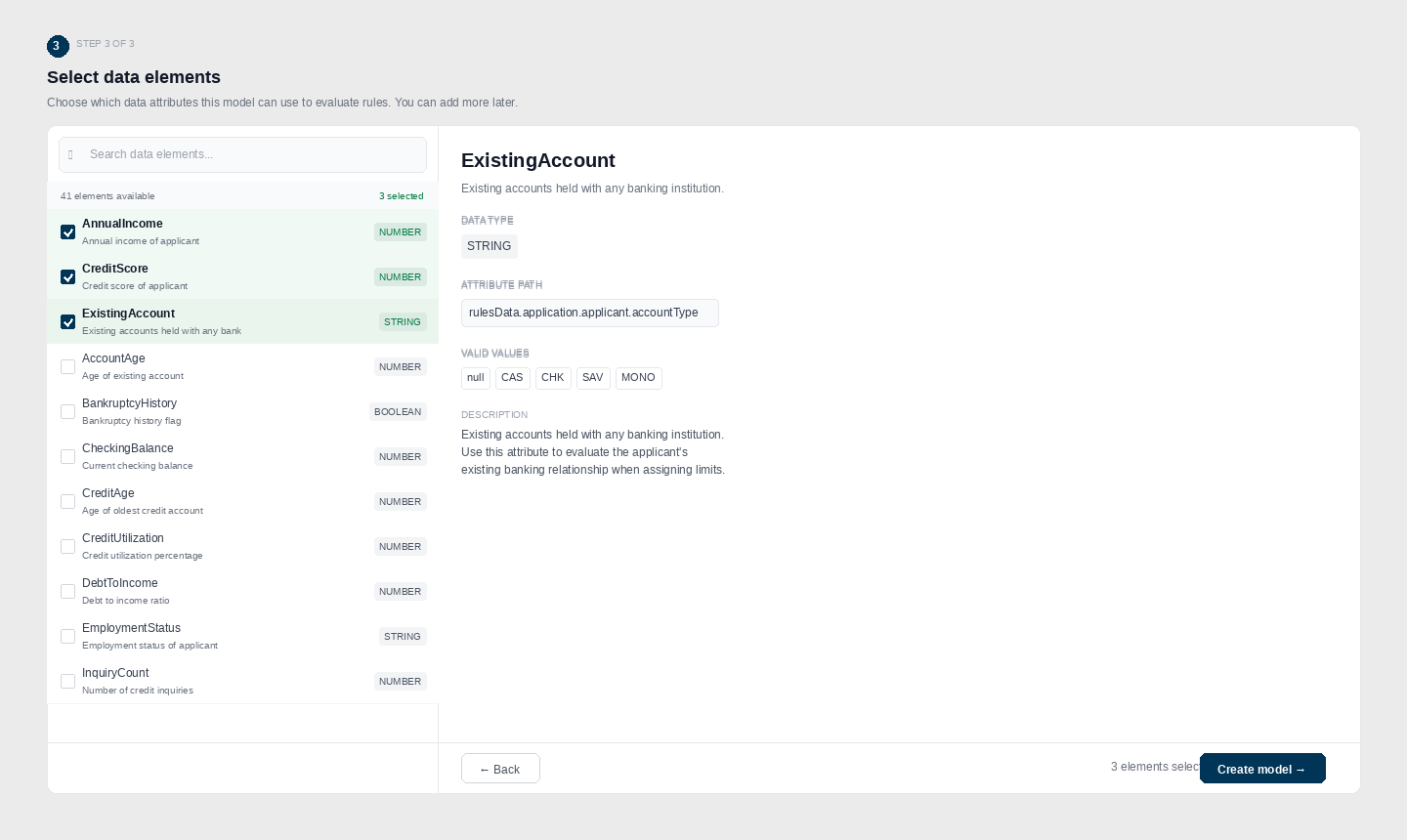 Data element selector — step 3 split panel showing available attributes and metadata preview