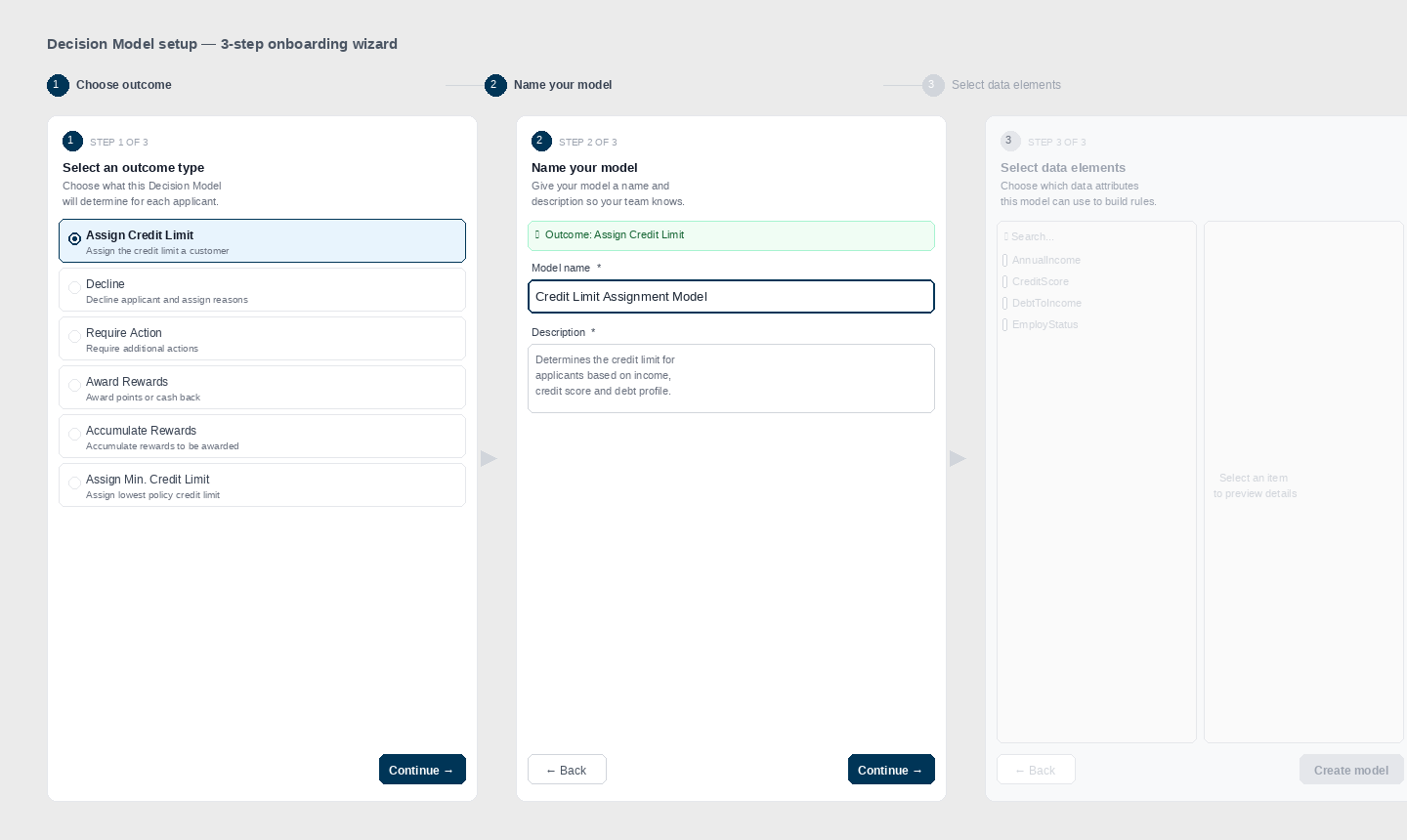Three-step onboarding wizard for creating a new decision model