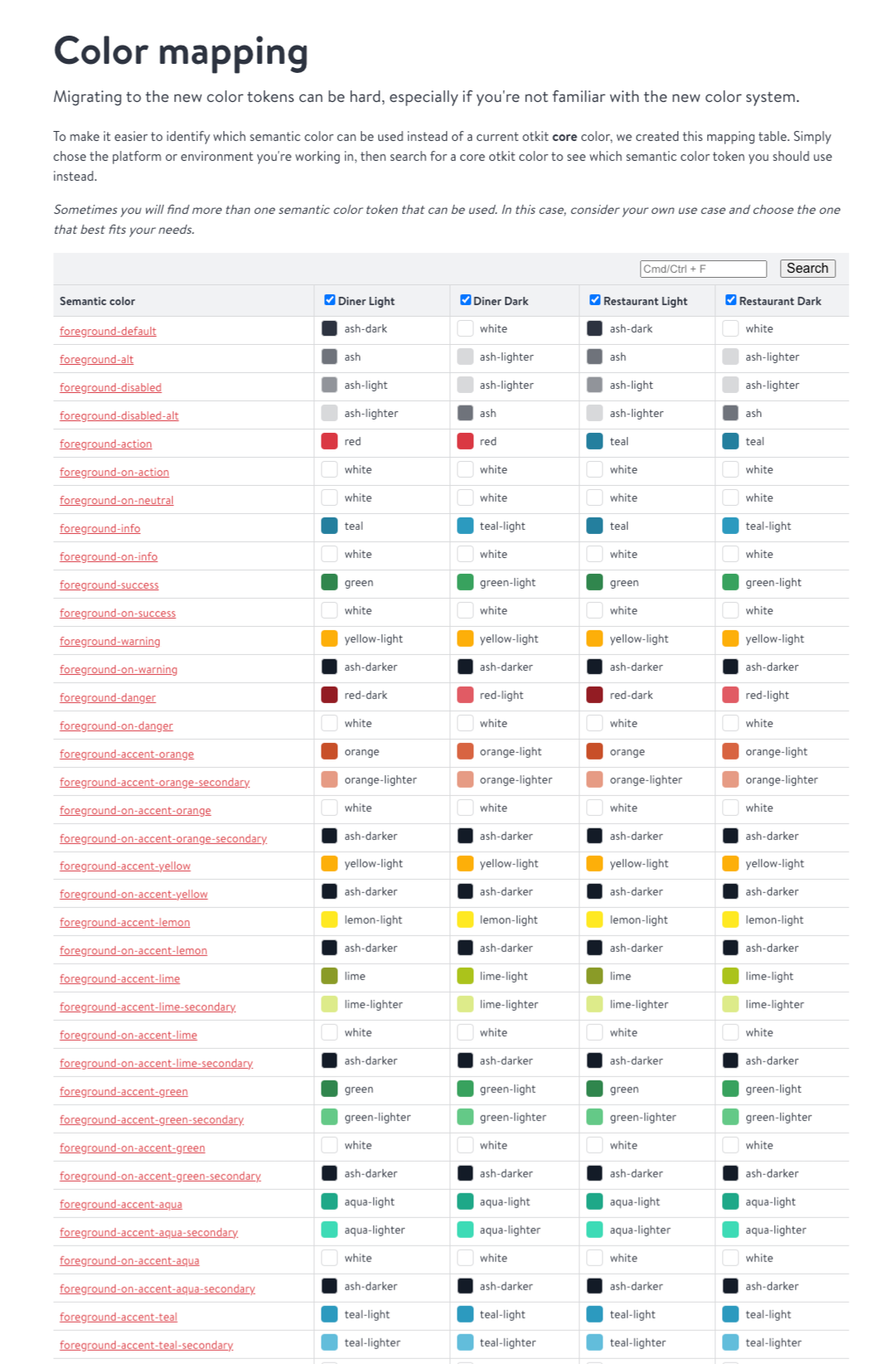 Screenshot of semantic color token migration tool