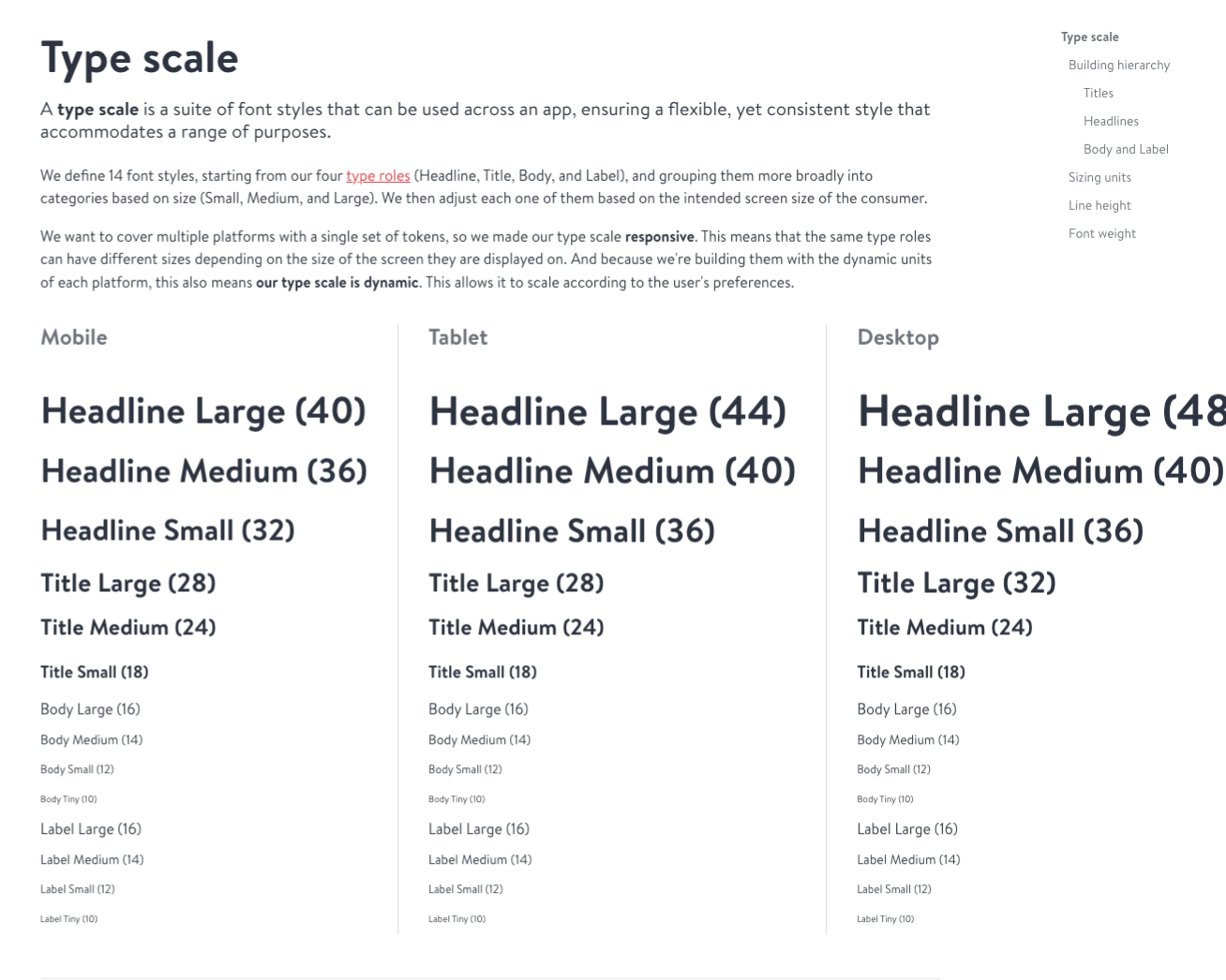 Contextual typography scale showing size, weight, and family defined per platform context