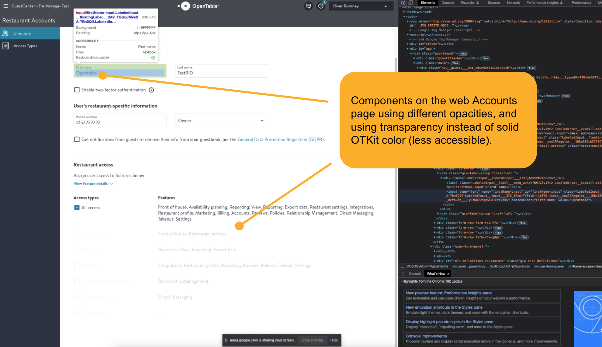 Screenshot of Restaurant app showing inconsistent, inaccessible components on web using transparent colors