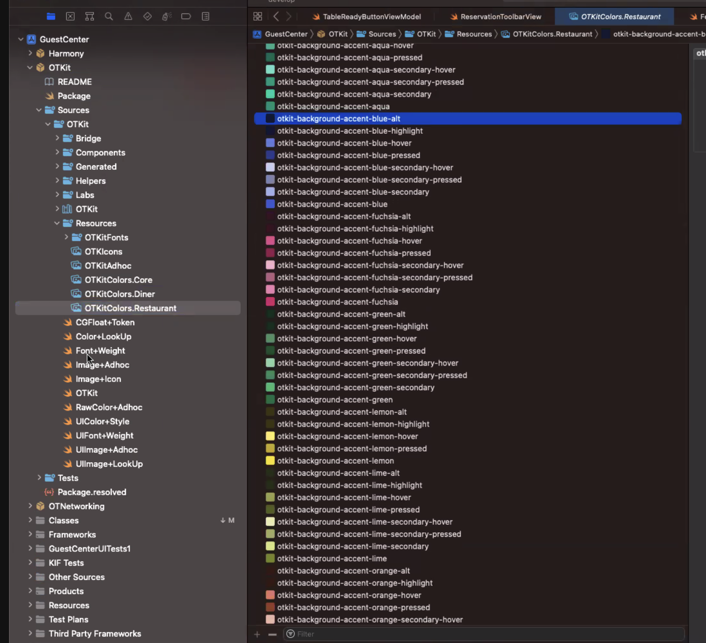 Screenshot of OTKit color token references inside iOS app