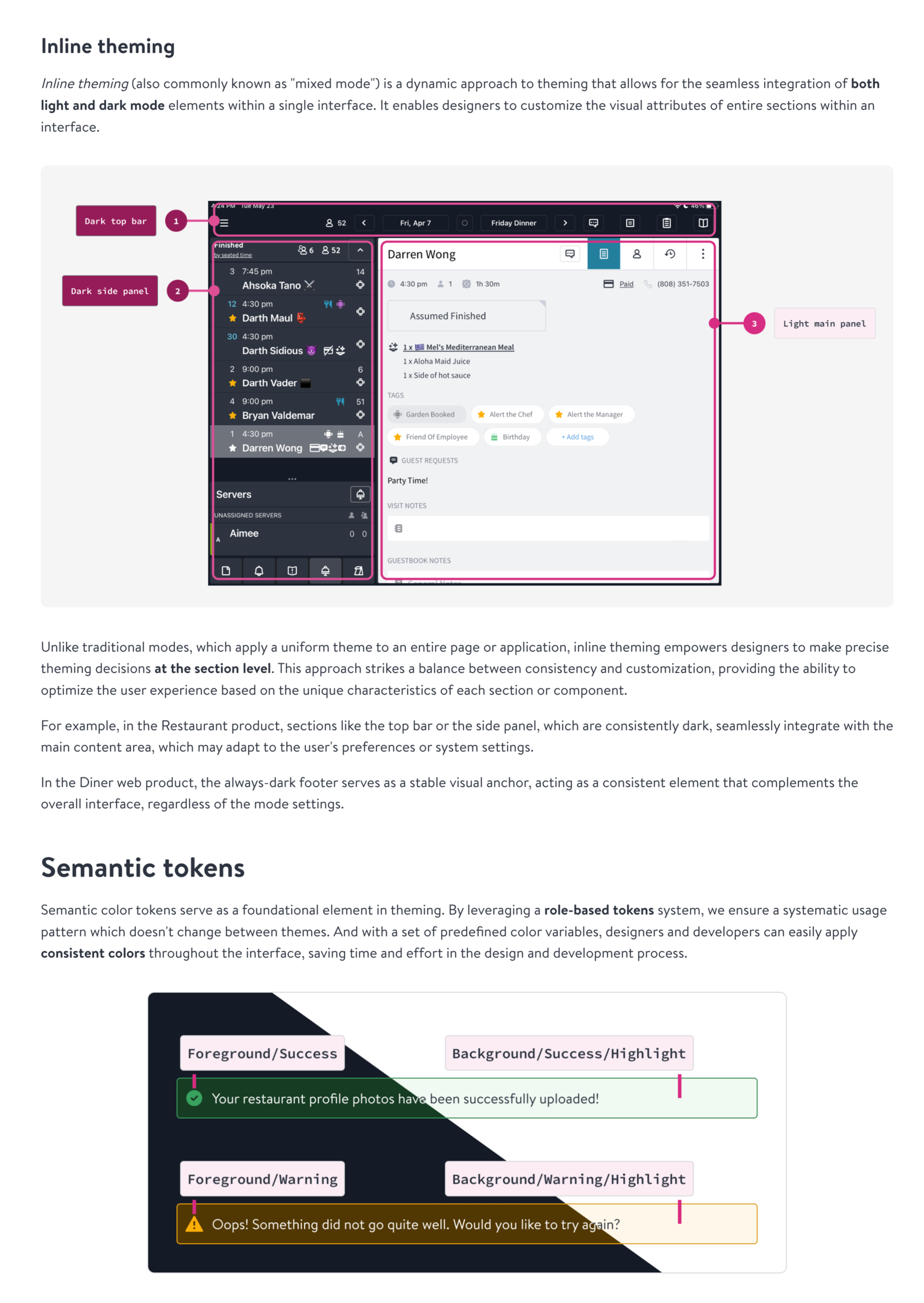Screenshot of OTKit documentation site showing how to implement inline theming for legacy screens