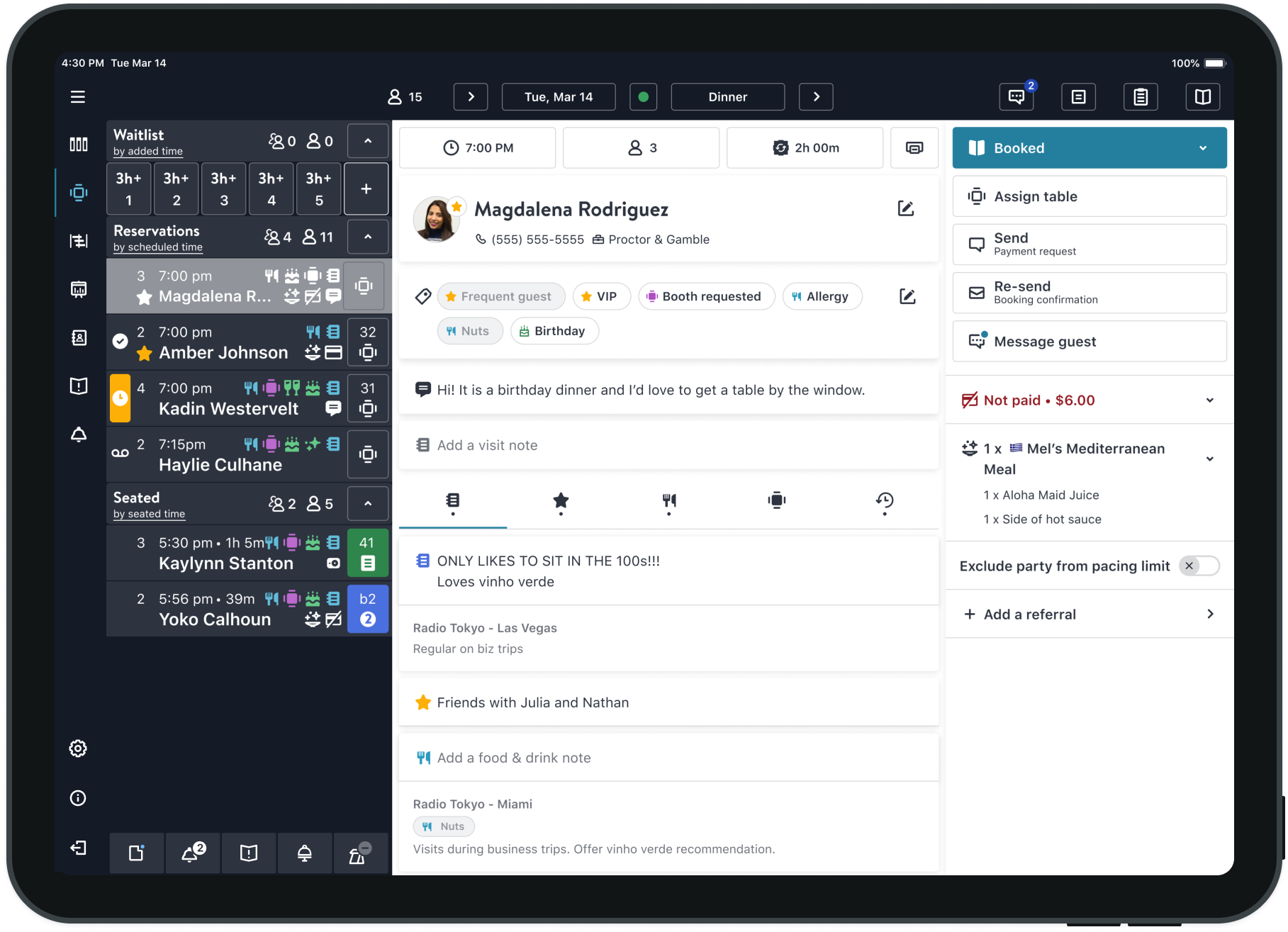 Screenshot of the redesigned Reservation Details and Guest Profile in Front of House Mobile on iOS and iPad